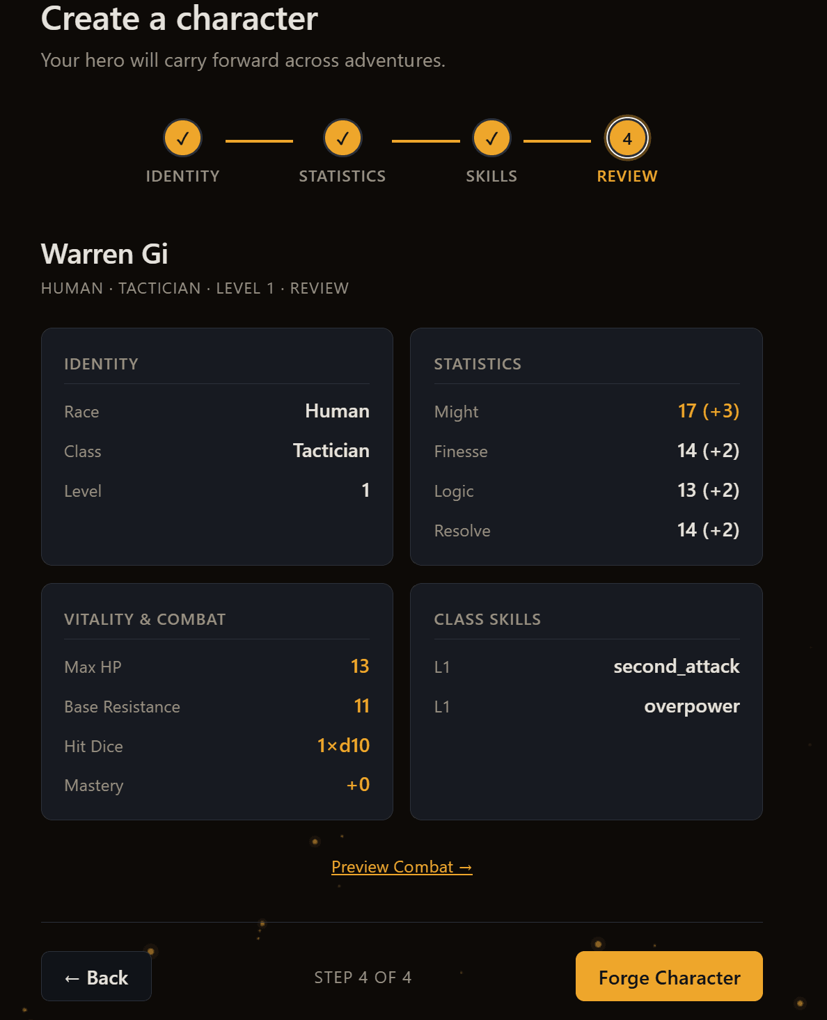 FlagonForge character creation screen showing the review step of the forge wizard with statistics, vitality, and class skills for a Human Tactician