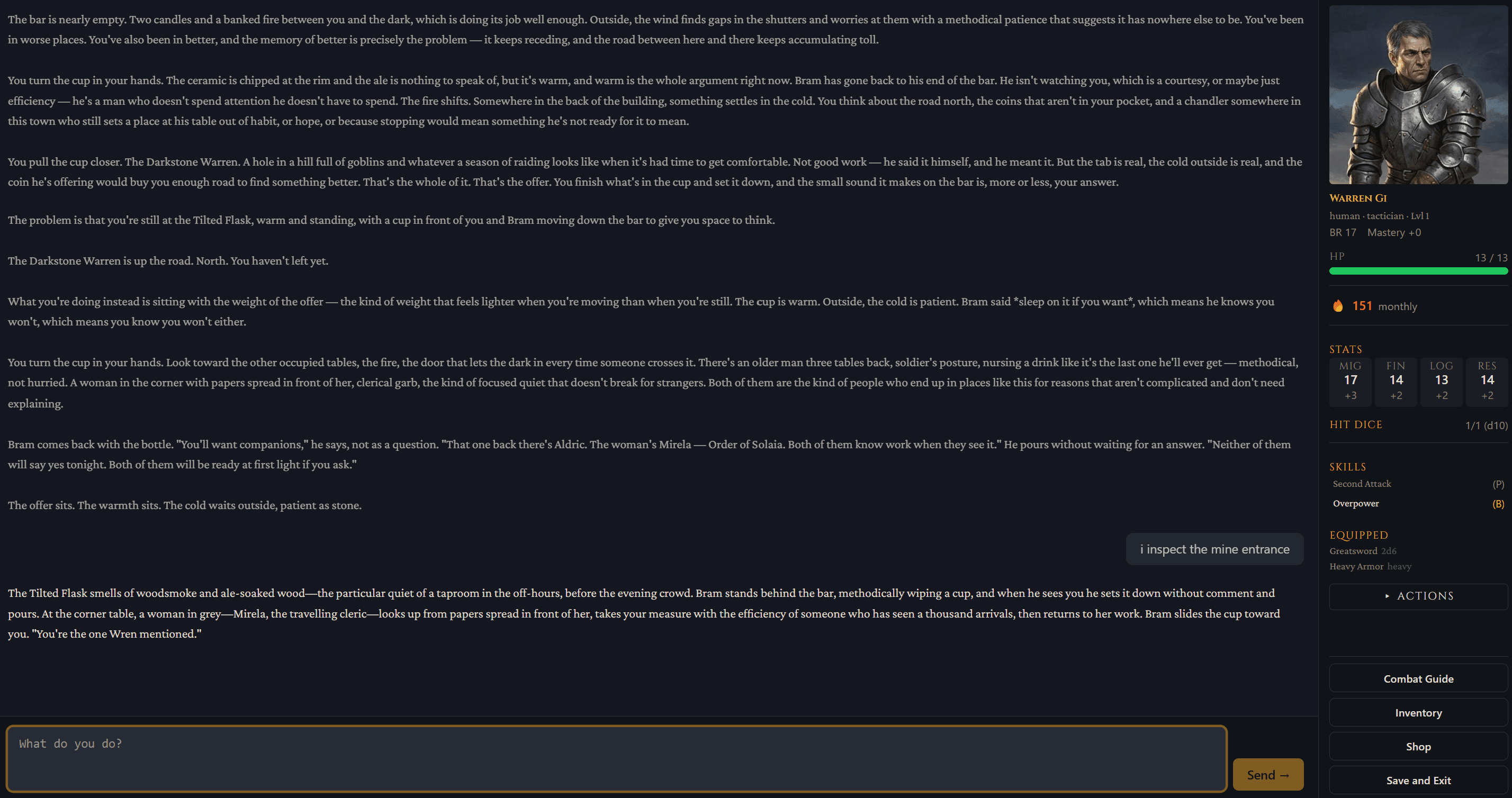 FlagonForge gameplay screen with AI Dungeon Master narration, character portrait, stat sidebar, and player input field