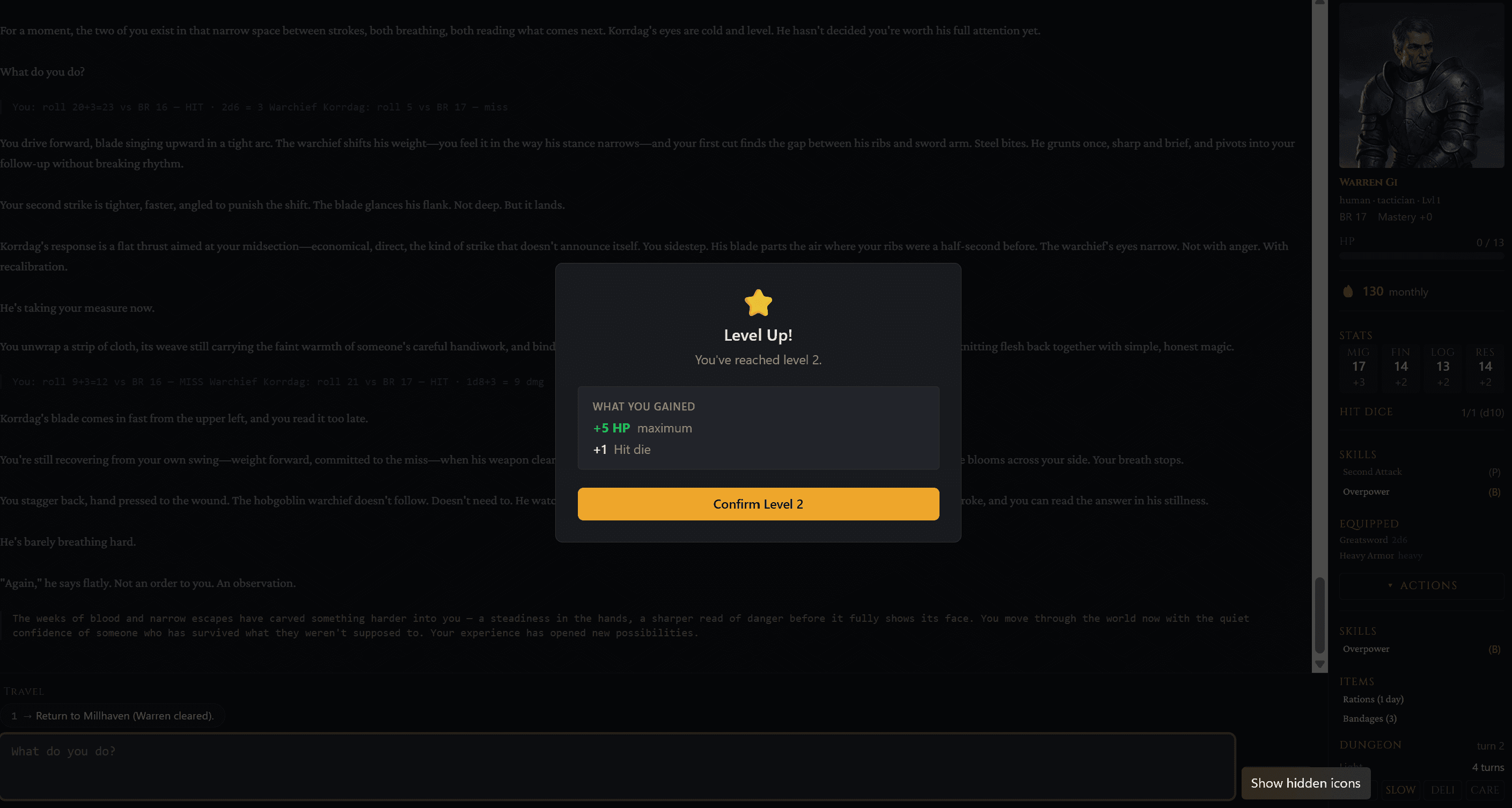 FlagonForge level-up screen announcing level 2 with hit points and hit die gains